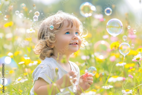  Cute little kid with soap bubbles in a field of flowers