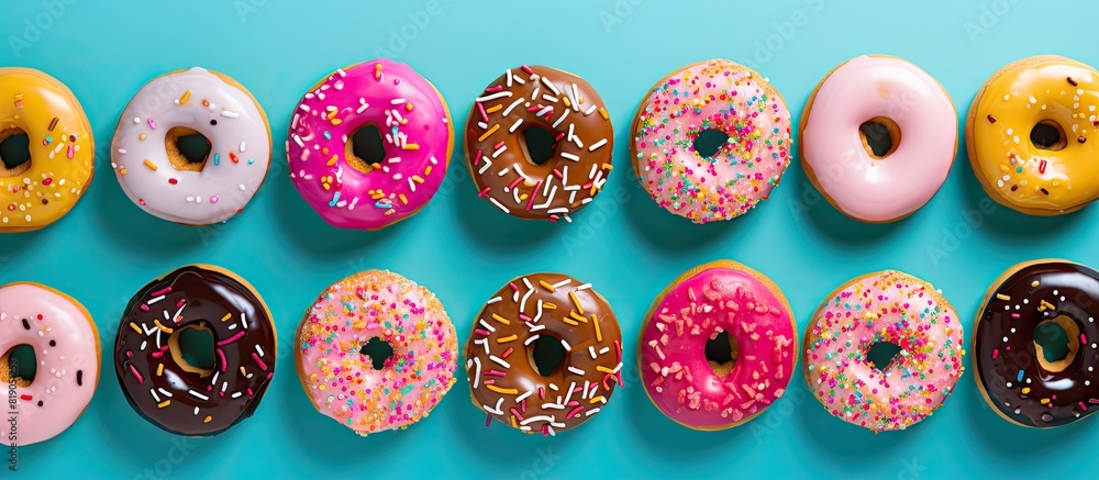 Colorful donuts on table with copy space Top view of glazed doughnuts isolated Colorful donuts on table with copy space Top view of glazed doughnuts isolated