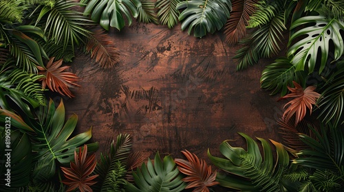 Sleek wood grain backdrop infused with lush tropical motifs, featuring a central space for text, blending nature and elegance.