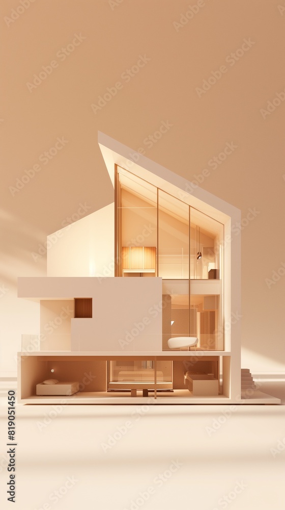 Vertical Image Of A 3D Illustration Of A House Model In The Craft Paper Cutout Style. Vertical Image Of A 3D Illustration Of A House Model In The Craft Paper Cutout Style.