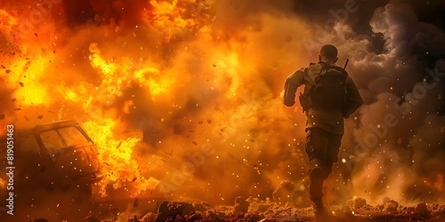 Man running from exploding car in dynamic action movie scene. Concept Action Scenes, Explosive Moments, Dynamic Photography, Thrilling Stunts, High-speed Chases photo