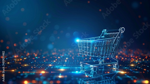 Vector illustration of an online shopping cart in front of a sleek blue background, symbolizing the ease and convenience of navigating the world of online sales photo