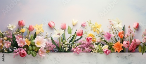 Beautiful bouquet of spring flowers for background Copy space Postcard