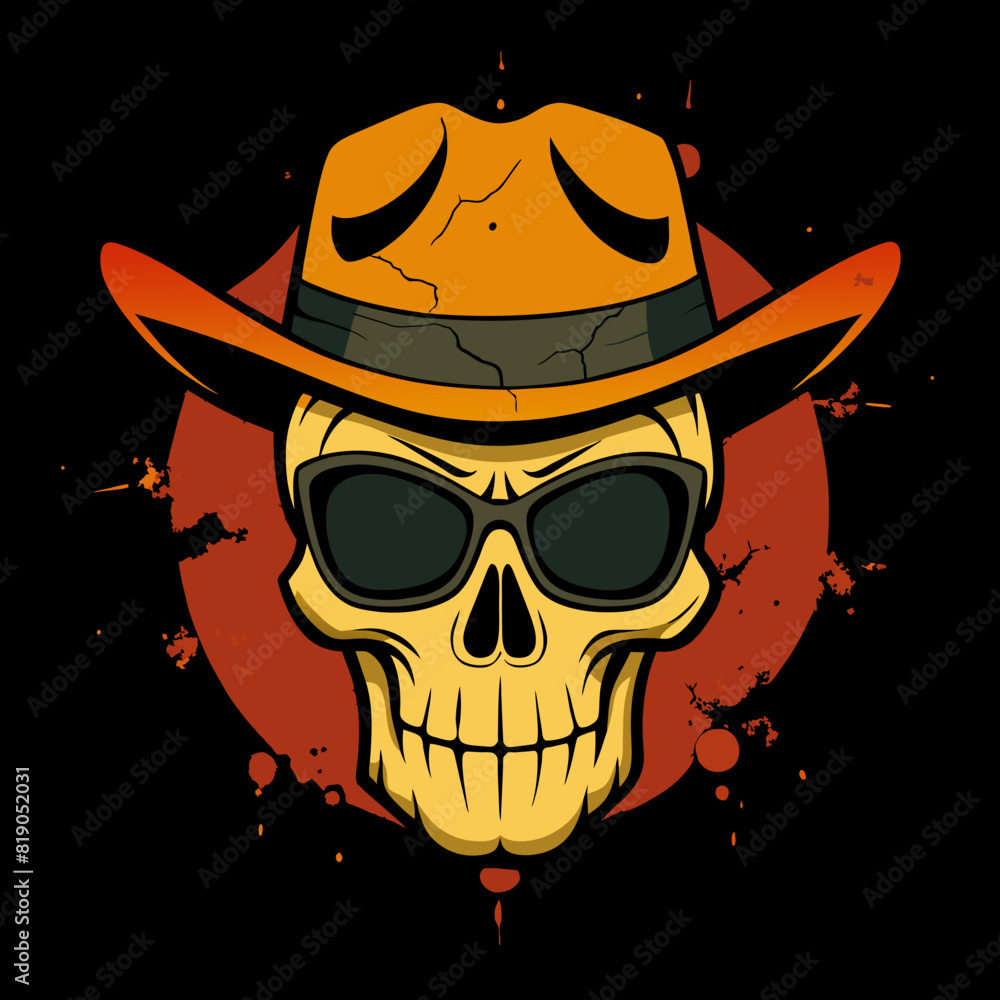 a skull with a hat and sunglasses on it that says  cowboy .