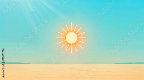 Solid color background (e.g., sky blue, sandy beige) with a minimalist sun icon, conveying the warmth and brightness of summer.