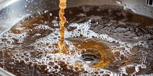 Dirty brown water running into a sink. Dirty old piping, rust in the pipes, filtration of running water. photo