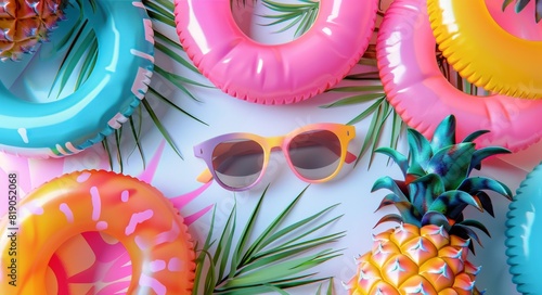 Various colorful swimsuits, sunglasses, and floats are displayed