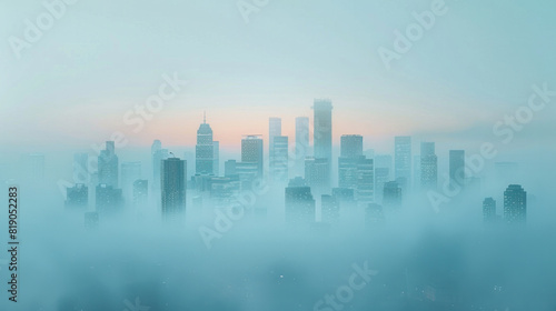 A city skyline is visible through a foggy haze. The city is lit up at night  creating a moody atmosphere