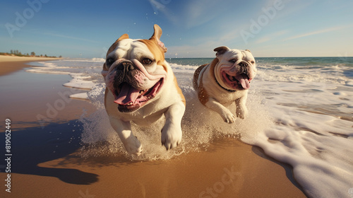 Two Bulldogs taking a leisurely stroll along a sandy beach, their tongues lapping at the saltwater breeze.