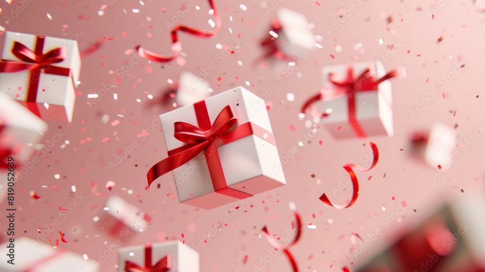 Fototapeta premium Wallpaper with pink background and white boxes with red bows and ribbon