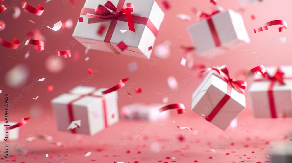 Fototapeta premium Wallpaper with pink background and white boxes with red bows and ribbon