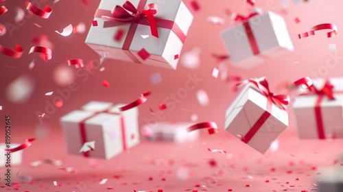 Wallpaper with pink background and white boxes with red bows and ribbon