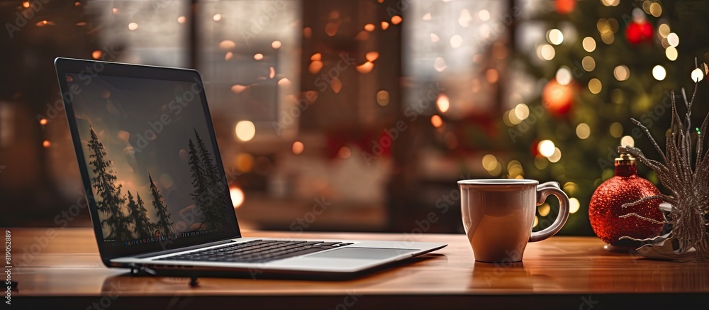 In the workplace the festive atmosphere of Christmas and New Year is captured in a photograph featuring an open laptop on the table alongside a decorated Christmas tree. copy space available In the workplace the festive atmosphere of Christmas and New Year is captured in a photograph featuring an open laptop on the table alongside a decorated Christmas tree. copy space available