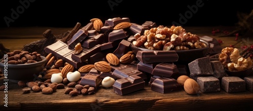Homemade chocolate Pieces nuts on wooden table copy space