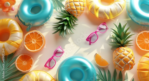 Various colorful swimsuits, sunglasses, and floats are displayed