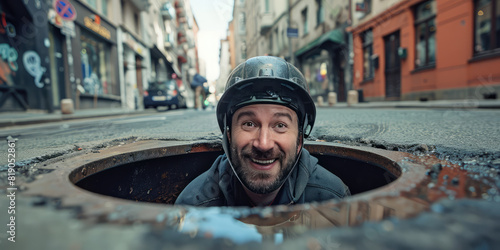 Smiling man wearing a safety helmet peers out of a sewer manhole in the street. photo