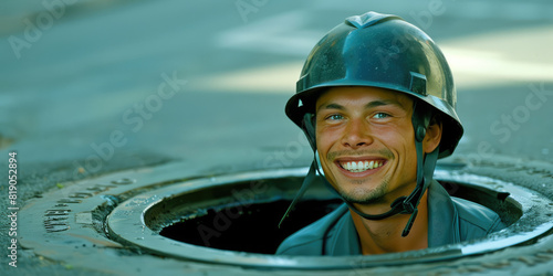 Smiling man wearing a safety helmet peers out of a sewer manhole in the street. photo