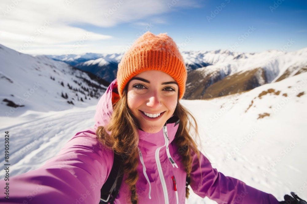 selfie of young woman in ski clothes in snow covered-landscape
