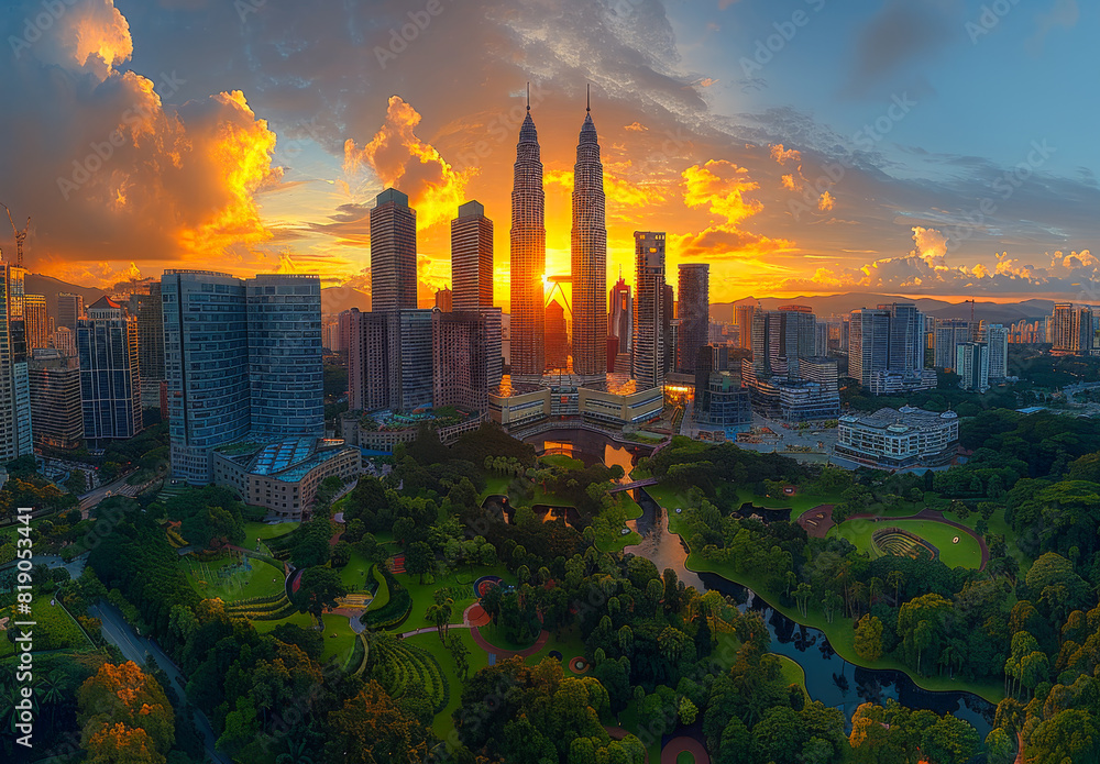 A city skyline and park in the morning. Modern buildings in the city