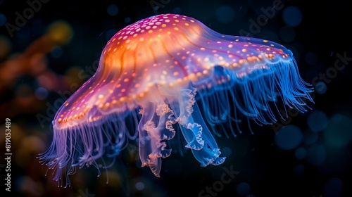 AI generated illustration of jellyfish swimming under a neon light © Wirestock