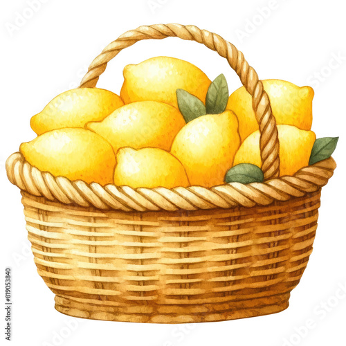 A basket filled with fresh yellow lemons and green leaves in a detailed wicker basket hand-drawn vibrant food illustration