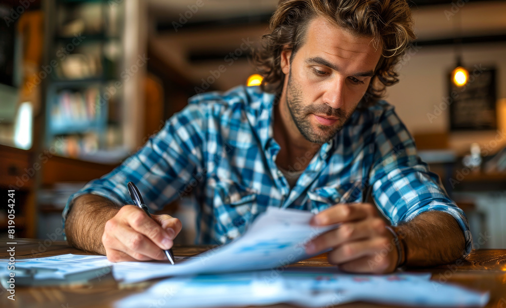 Man sits at table and looks at bills. Man sits at table and looks at bills.