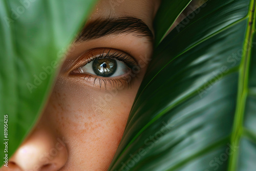 close up of beautiful woman hiding behind large green leaf - skincare beauty photography