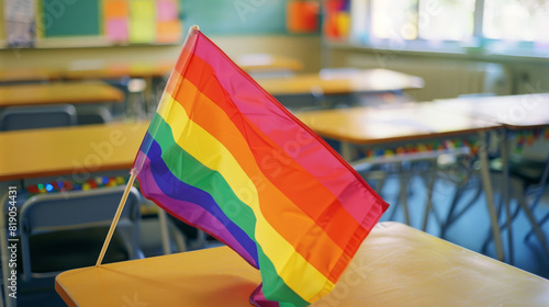 Pride flag in empty classroom, symbolizing LGBTQ support and inclusivity, vibrant colors against a backdrop of desks and chairs
