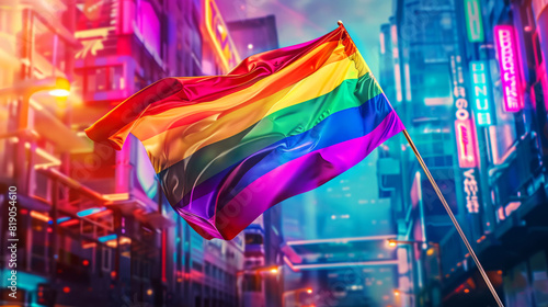 Rainbow pride flag waving in the wind, set in a cyberpunk cityscape with neon lights, symbolizing LGBTQ pride and futuristic representation