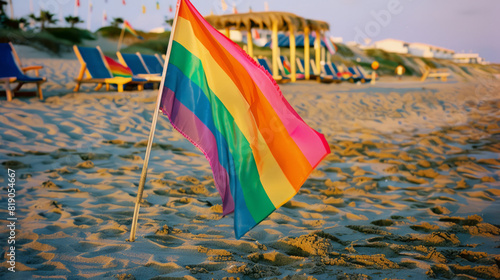 Pride flag on a sandy beach  vibrant colors fluttering  representing LGBTQ pride and community  beach chairs in the background