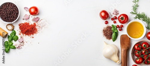 Ingredients for making spaghetti bolognese minced meat italian pasta onions and tomato sauce over white texture background Top view flat lay Copy space