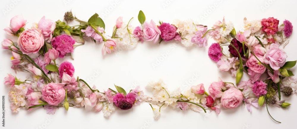 Frame with fresh flowers on white background. copy space available Frame with fresh flowers on white background. copy space available