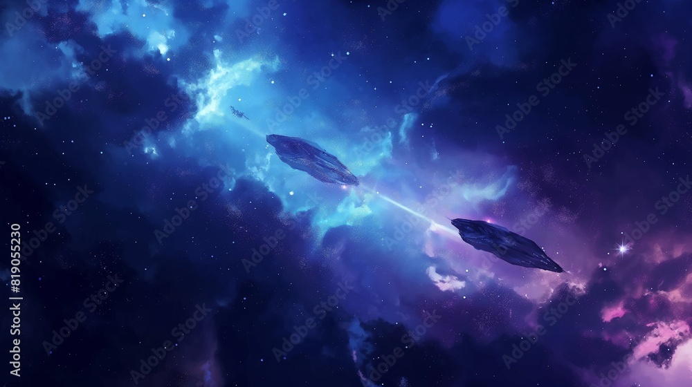 Naklejka premium Deep-space spacecraft investigating the universe, stars, constellations, and nebulas. Comets, meteors, and a massive starry sky at night