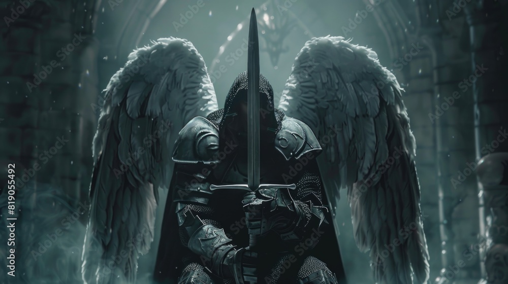 Dark warrior angel with medieval sword. fantasy background