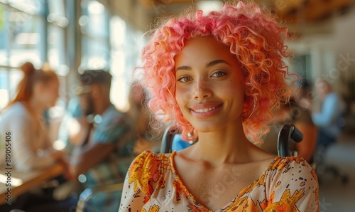 Attractive African American Woman with Pink Curly Hair Smiling in a Bright Indoor Setting photo