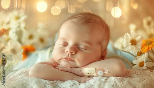 A happy baby is peacefully sleeping on a floweradorned blanket photo