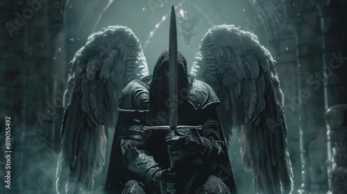 Obraz na płótnie Dark warrior angel with medieval sword. fantasy background w salonie