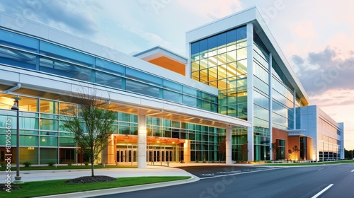 A modern corporate office building with glass facade reflecting the sunset, clear sky and landscaped entrance visible