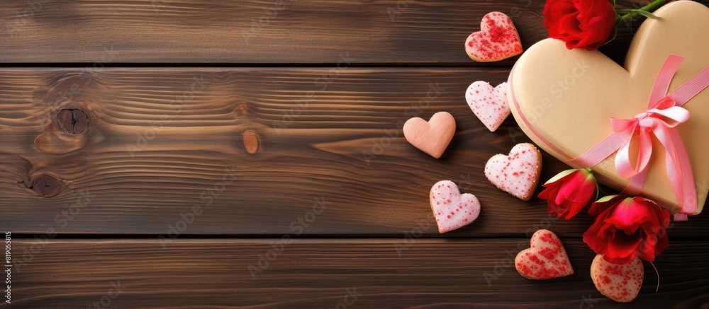 Composition with plate of tasty heart shaped cookies gift box and rose flowers on wooden background Valentine s Day celebration. copy space available