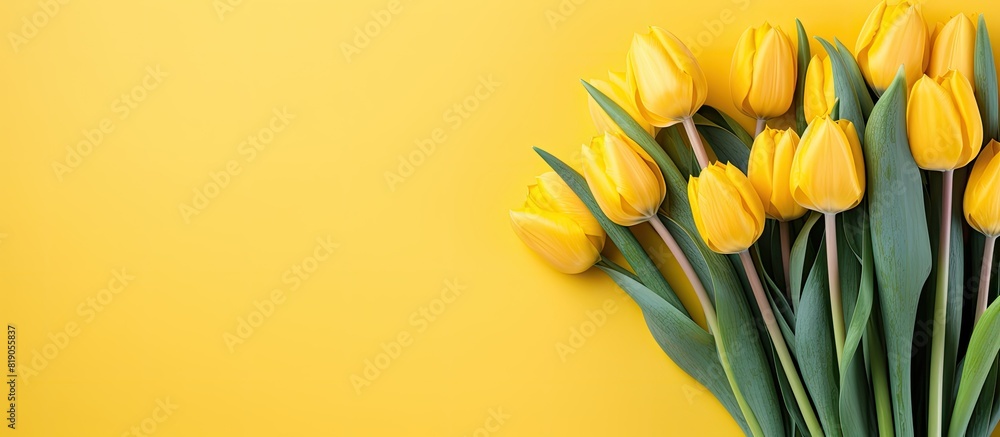 A copy space image of bright yellow tulips arranged in a beautiful bouquet
