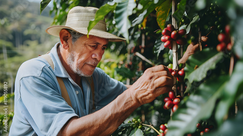 Owner of a Colombian coffee field inspecting the beans for quality and ripeness in a traditional farming setting. photo