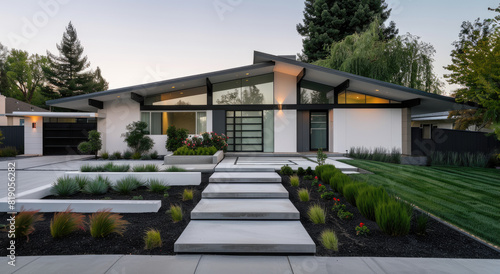 A front view of the exterior of an American mid-century modern home in Livermore, California, with a white and grey color scheme accented with green © Kien