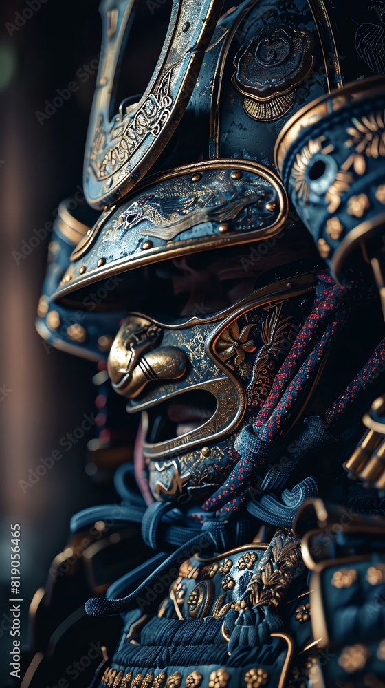 Fototapeta premium Detailed close-up of an ancient samurai armor, showcasing intricate design and craftsmanship, a symbol of Japanese culture and history.