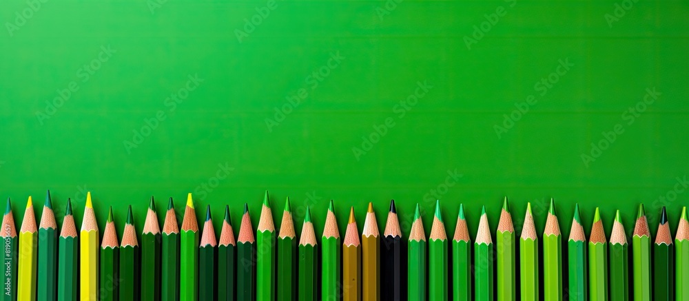 Colorful pencils on a bright green paper background. copy space available Colorful pencils on a bright green paper background. copy space available