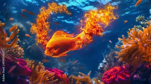 Vivid Coral Fire in the Shape of a Fish Swimming Over Coral Reef Background