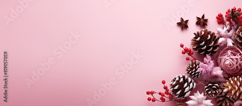 A festive Christmas arrangement featuring a gift pine cones on a pink background The composition is displayed from above with room for additional elements in the image photo