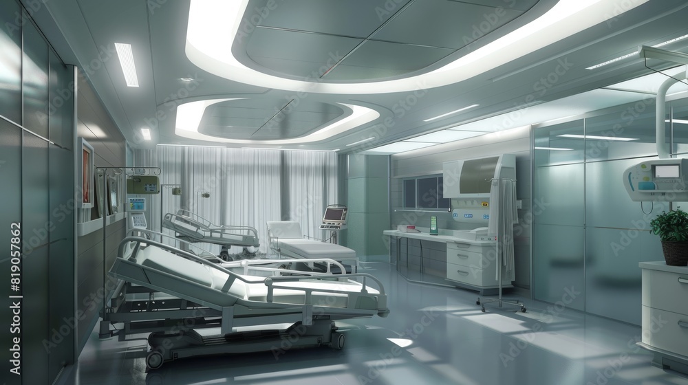 Obraz premium This image depicts a state-of-the-art hospital room featuring an empty patient bed, medical devices, and clean facilities