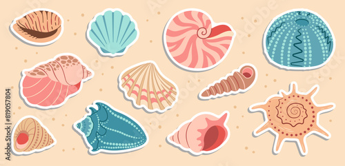 Cute sea shells sticker set. Trendy flat style seashell collection. Ocean underwater sink seashell conch aquatic mollusk. Hand drawn spiral snail, marine animals. Vector illustration