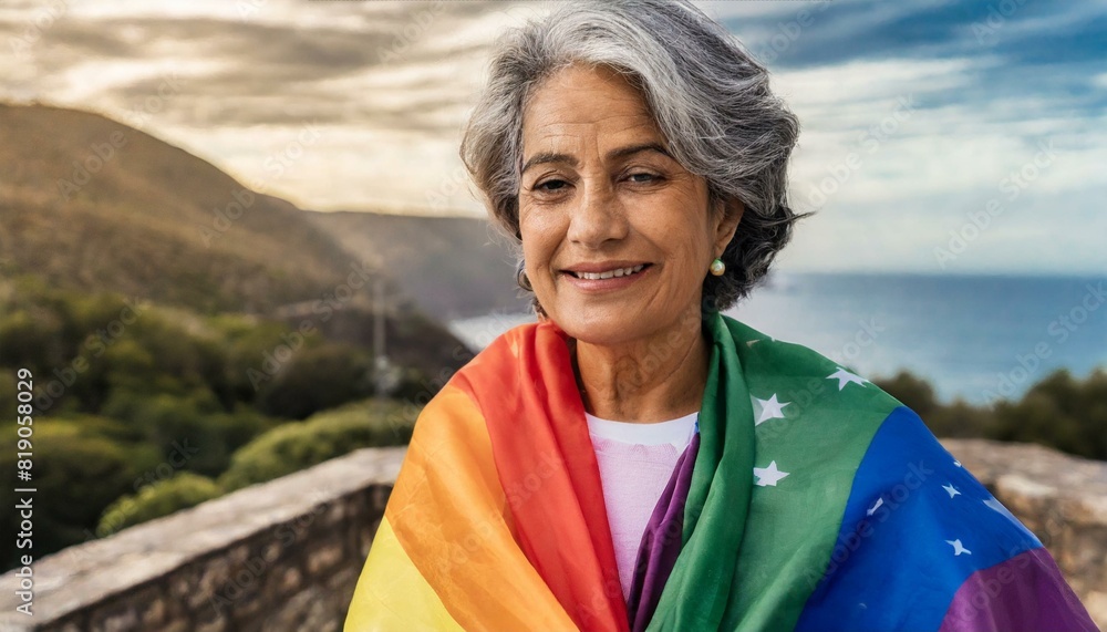 attractive old woman with lgbt flag on his shoulders looking directly at the camera close up, pride month attractive old woman with lgbt flag on his shoulders looking directly at the camera close up, pride month