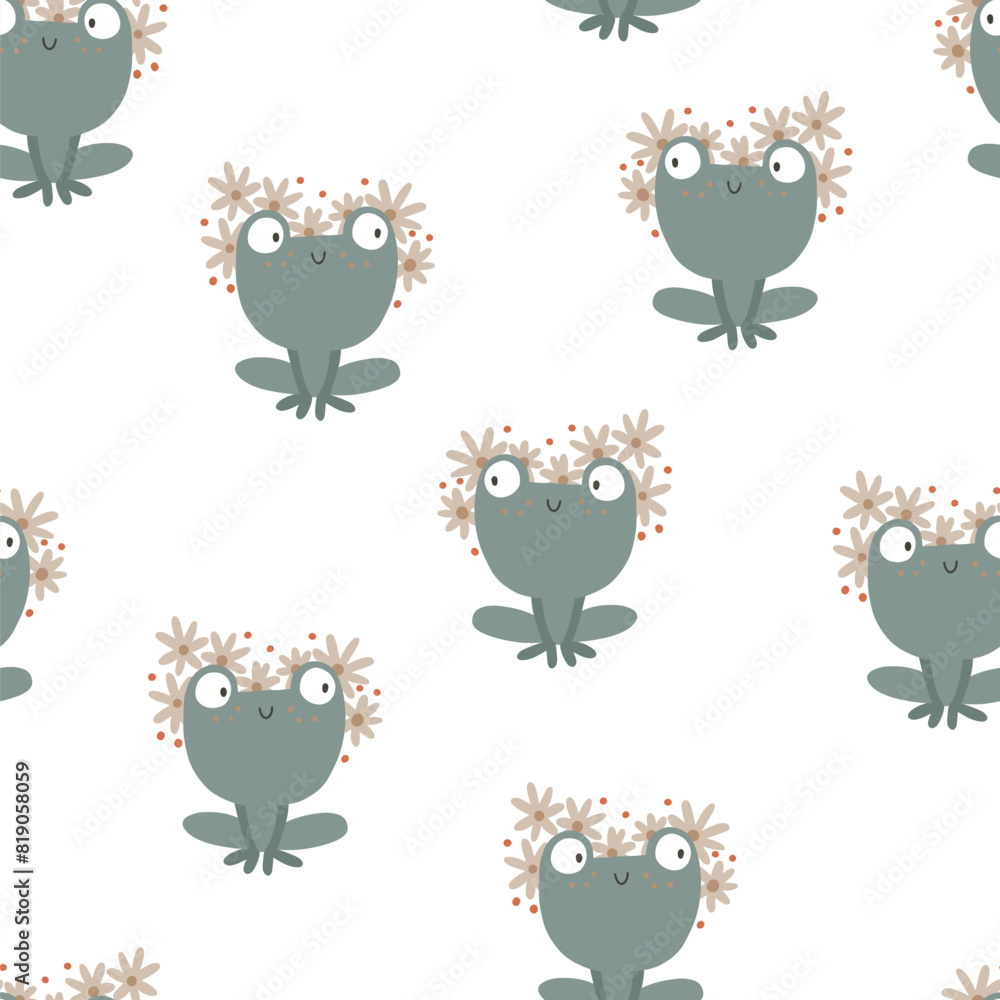 Obraz premium Frogs seamless pattern. Cute cartoon characters with flowers wreath in simple hand drawn style. The limited vintage palette is ideal for baby prints, fabrics.
